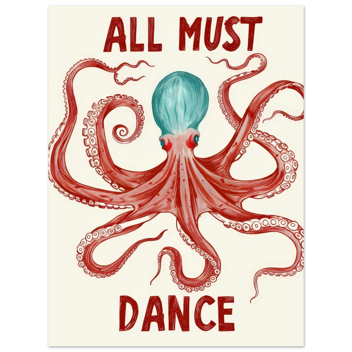 Färgglad bläckfiskposter All Must Dance med blått huvud och röda tentakler - modern väggkonst 30x40cm | Arthena