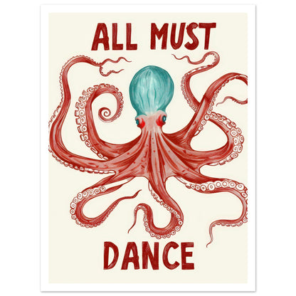 All Must Dance poster med vit kant - bläckfiskkonst i blått och rött för modernt hem 30x40cm | Arthena