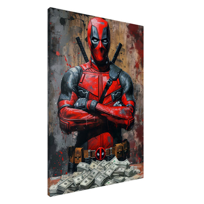 Stor canvastavla med Deadpool framför en sedelhög, en humoristisk superhjälte tavla, 70x100 cm | Arthena