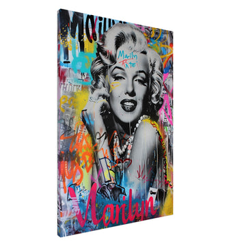 Stor canvastavla med Marilyn Monroe i tidlöst porträtt kombinerat med färgstark graffiti, 70x100 cm | Arthena