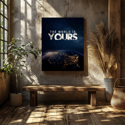 Canvastavla – Motiverande citat "The World Is Yours" med jordens vy som inredningsdetalj
