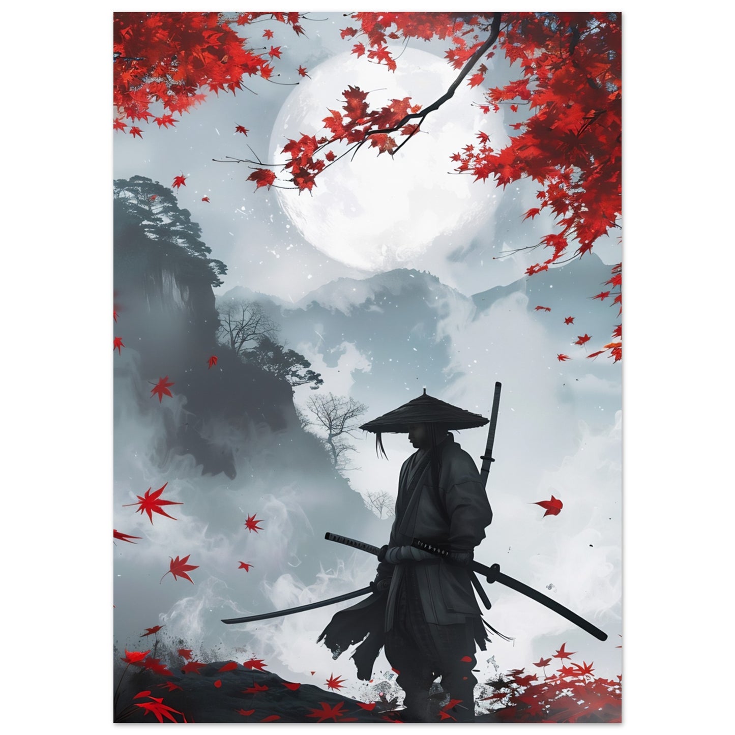 Crimson Leaves and Moonlight japansk konstaffisch - höstfärger 50x70cm | Arthena