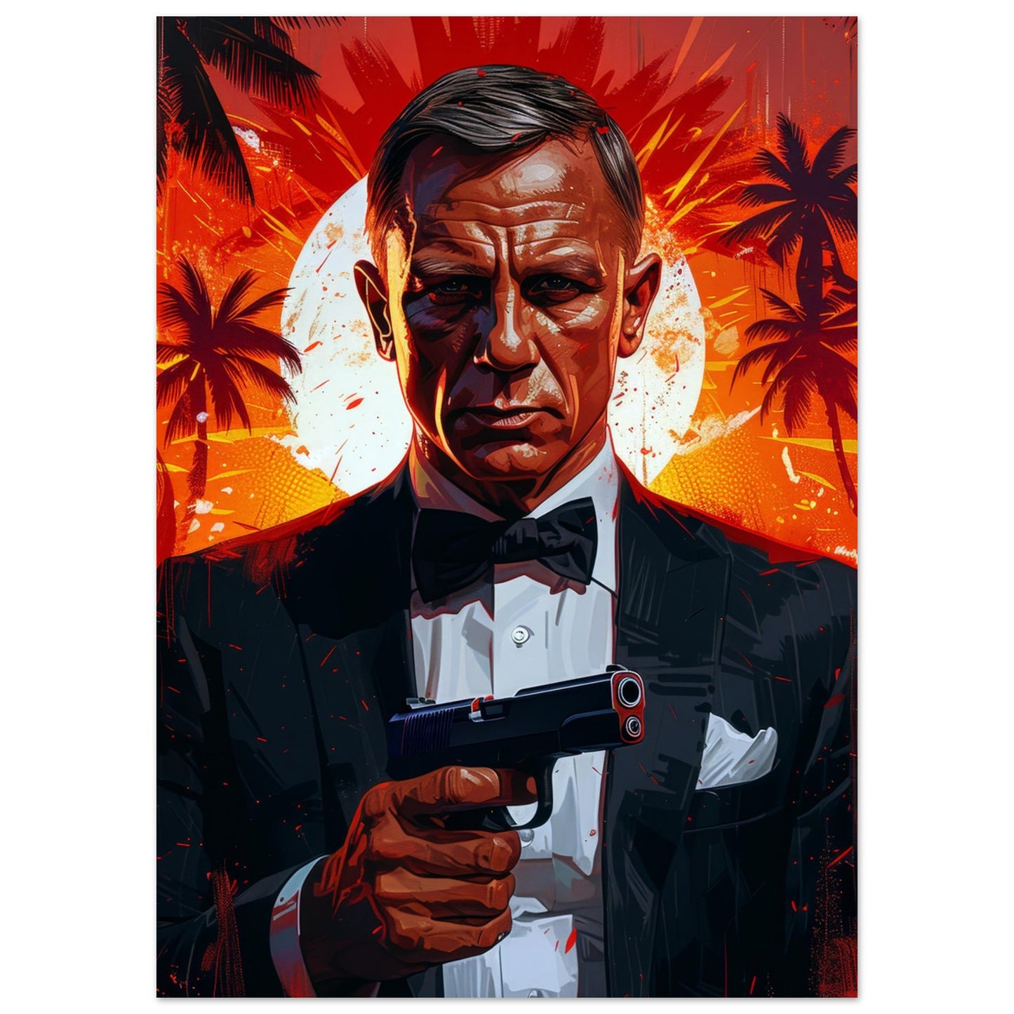 Film poster av James Bond omgiven av intensiv solnedgång, 50x70 cm | Arthena