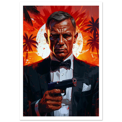 Stor filmaffisch med James Bond i klassisk pose, elegant väggkonst med vit marginal, 70x100 cm | Arthena