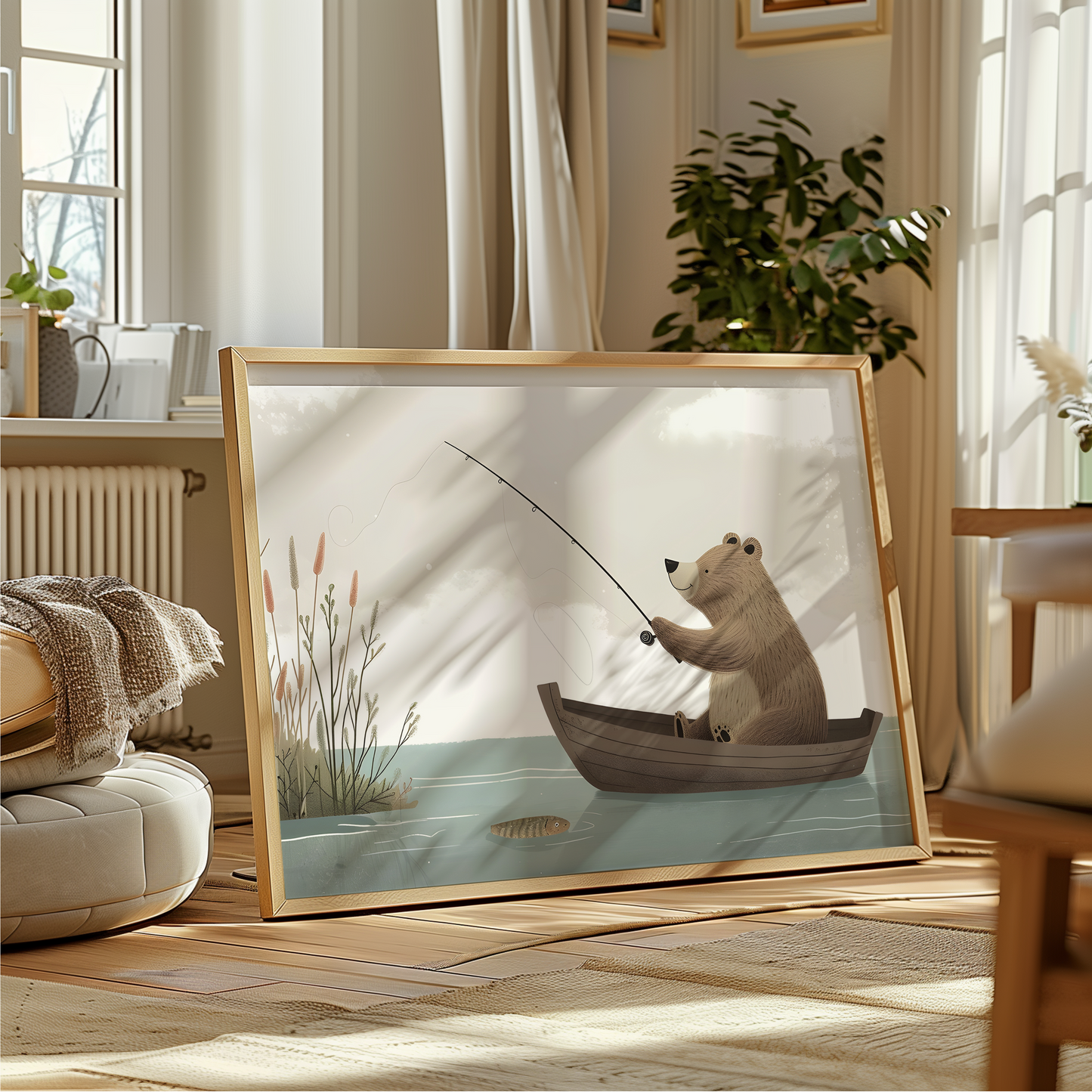 Fishing Teddy Bear barntavla i barnrumsmiljö - söt nalleposter | Arthena