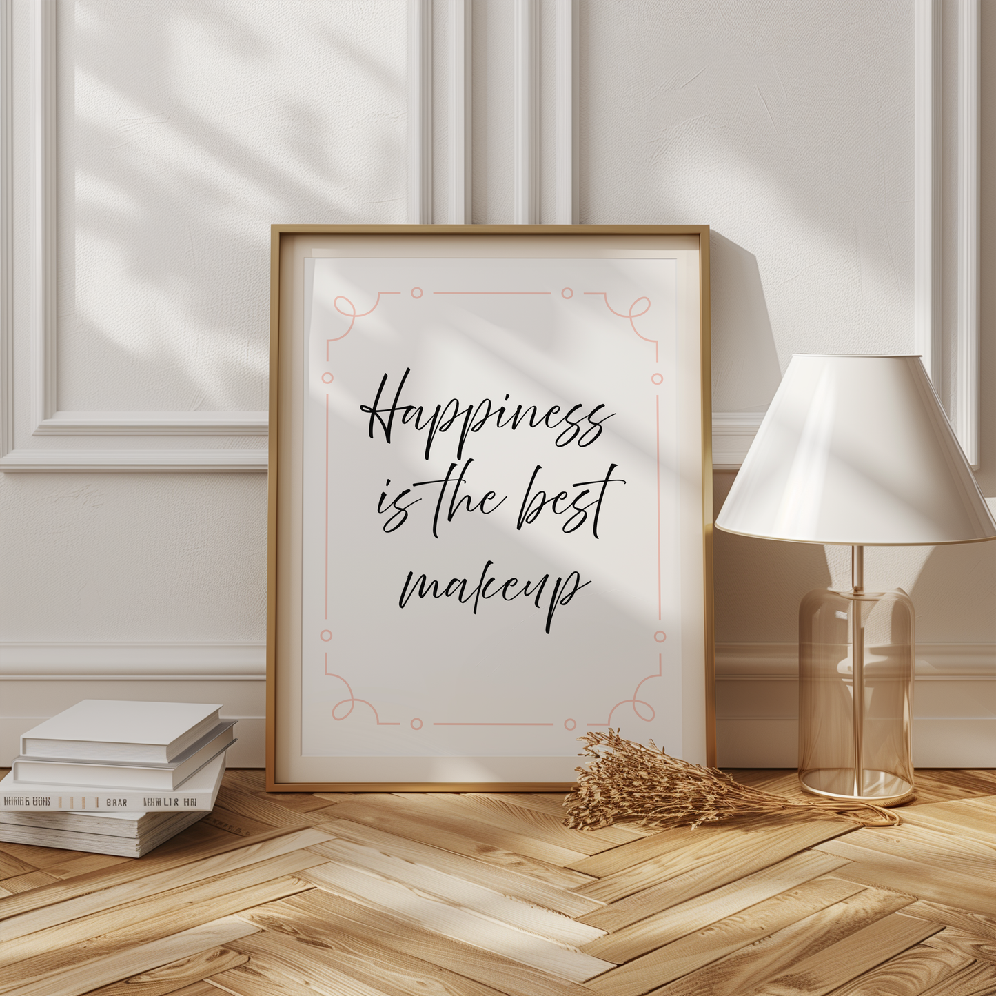 Affisch och poster Happiness i modern hallmiljö - tavla med inspirerande citat | Arthena