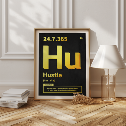 Hustle poster i kontorsmiljö - gyllene periodisk design för motivation och drivkraft | Arthena