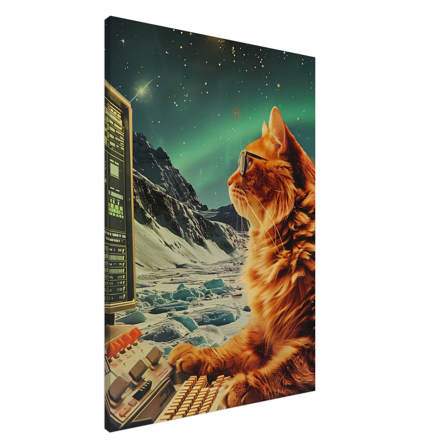 Kollage canvastavla med katt i rymdlaboratorium vid retro dator, 30x40 cm | Arthena