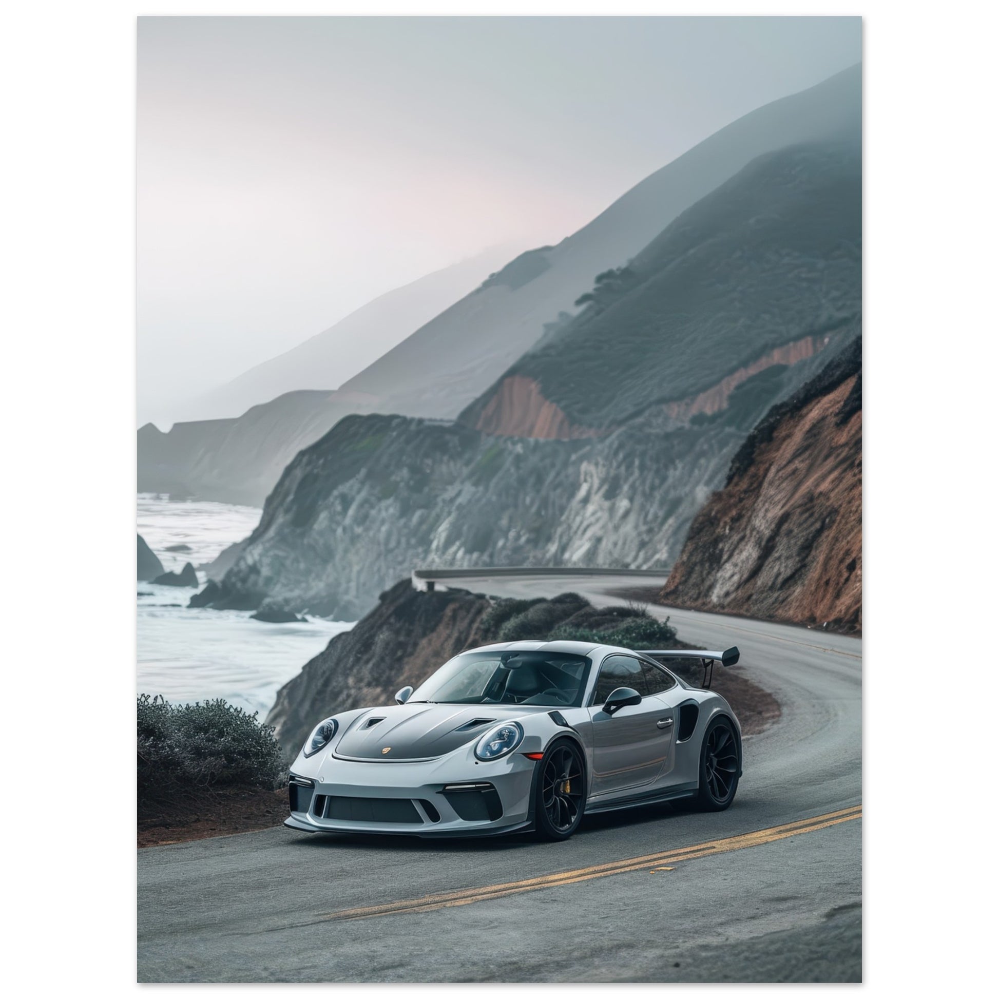 Poster med en modern porsche längs kusten, 30x40 cm | Arthena