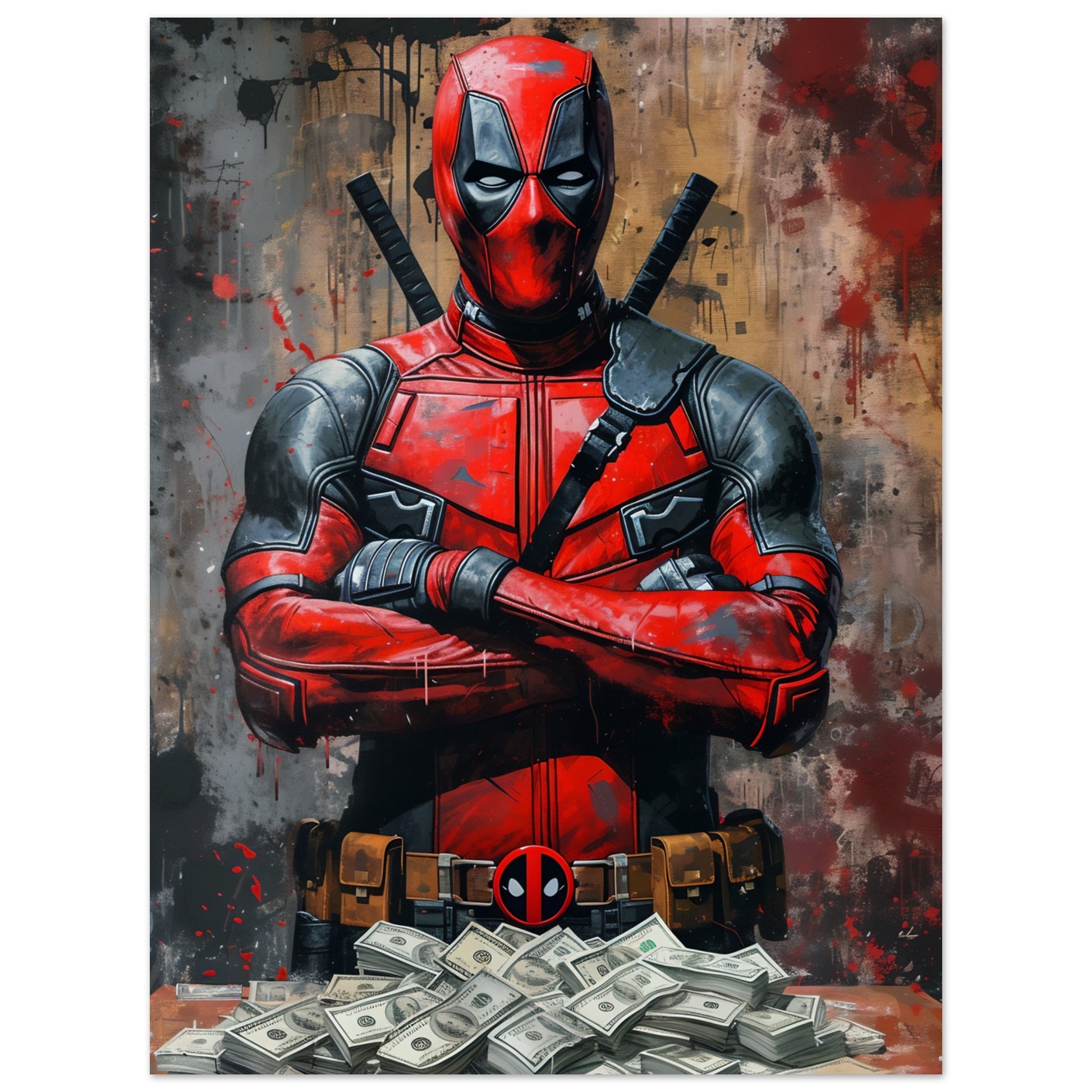 Poster med Deadpool i självsäker pose framför sedelhög, 30x40 cm | Arthena