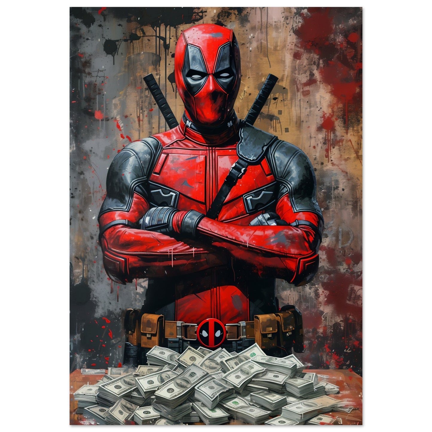 Stor poster med Deadpool framför sedelhög, 70x100 cm | Arthena