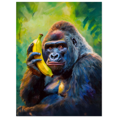 Poster med färgstark gorilla som håller en banan som telefon, en humoristisk väggkonst för modern inredning | Arthena