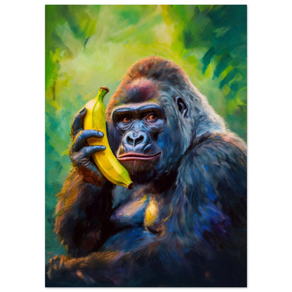 Färgglad poster av en gorilla med en banan som telefon, perfekt för att liva upp vardagsrummet | Arthena