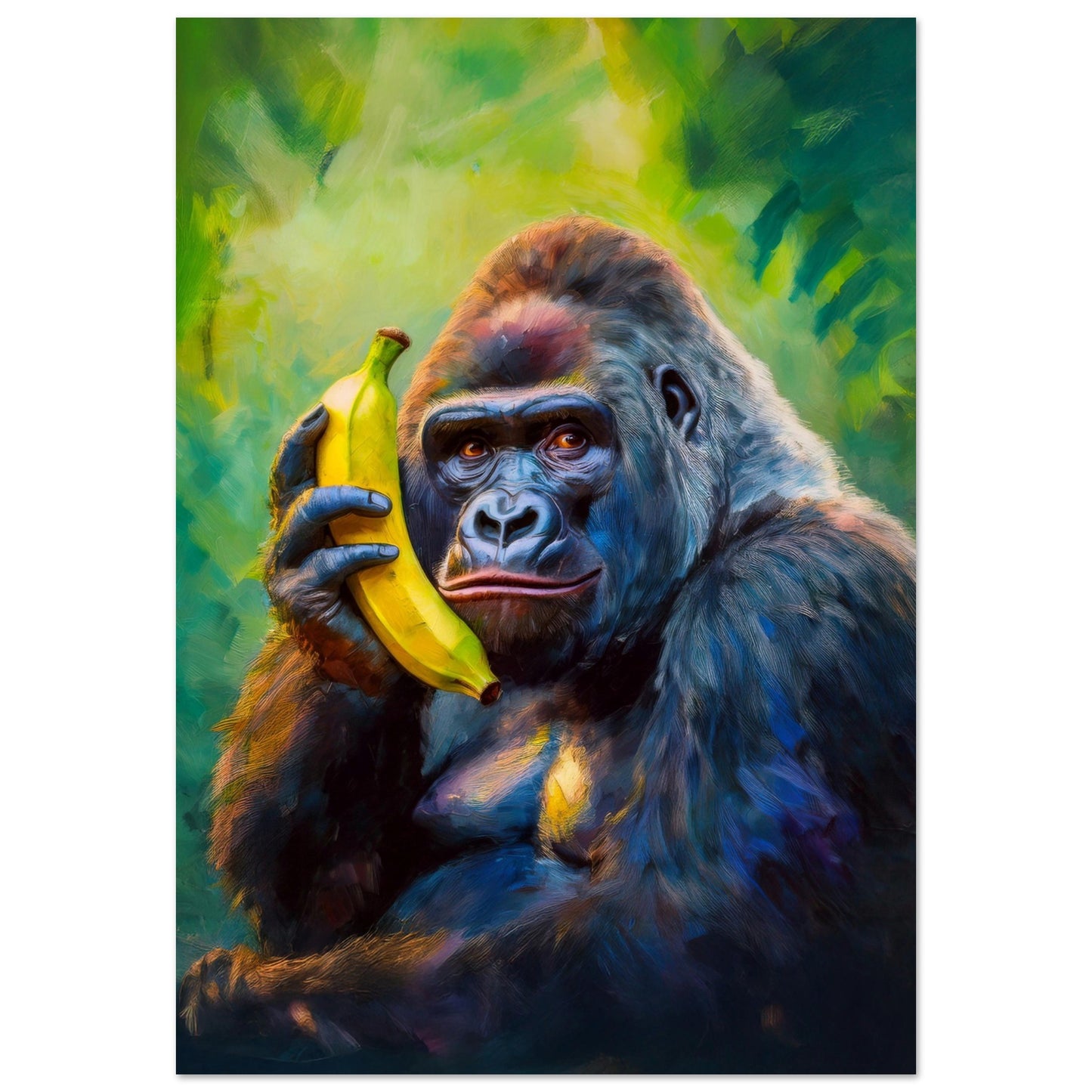 Stor poster med färgstark gorilla som håller en banan som telefon, en unik dekoration för moderna hem | Arthena