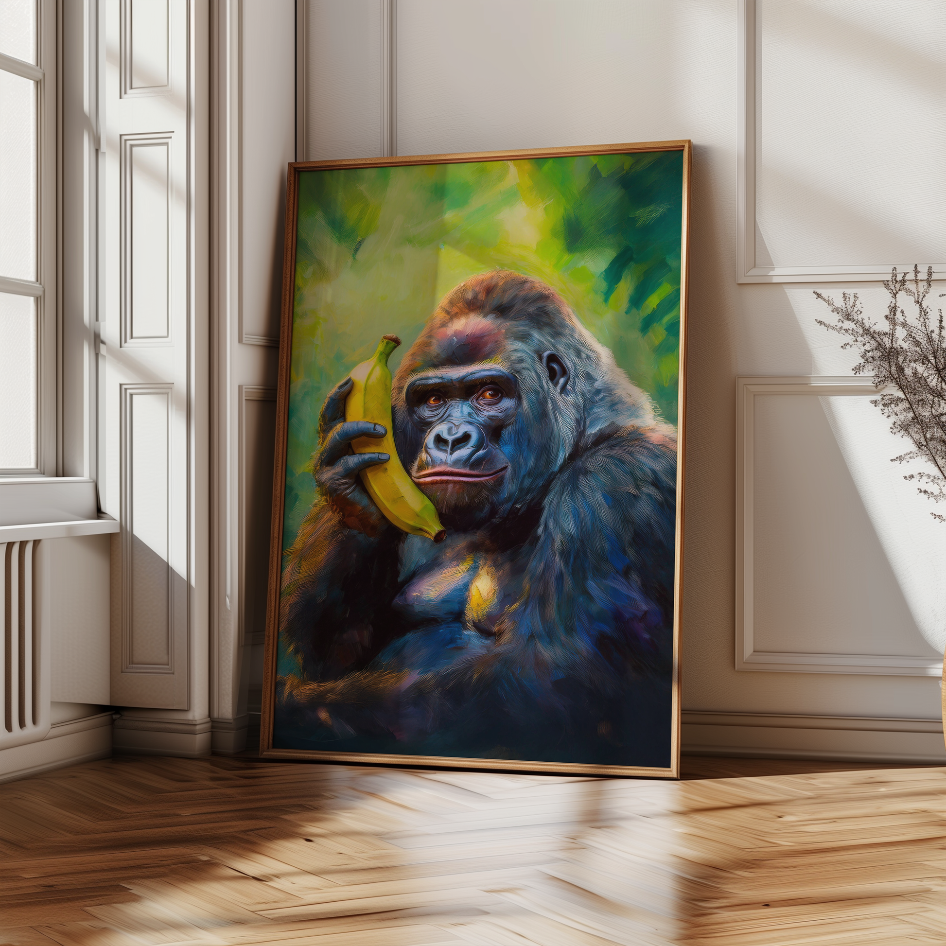 Detaljerad poster av färgglad gorilla med en banan som telefon, en central inredningsdetalj för stilrena rum | Arthena