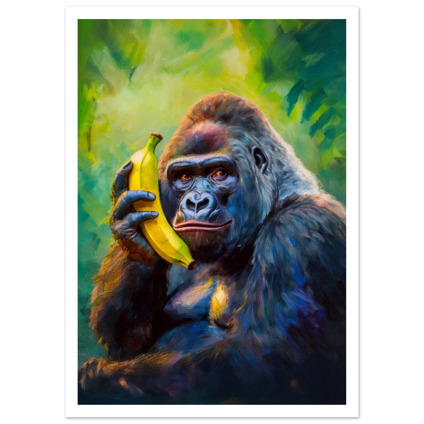 Poster av en färgstark gorilla med en banan som telefon och vit marginal, en humoristisk väggkonst för modern inredning | Arthena