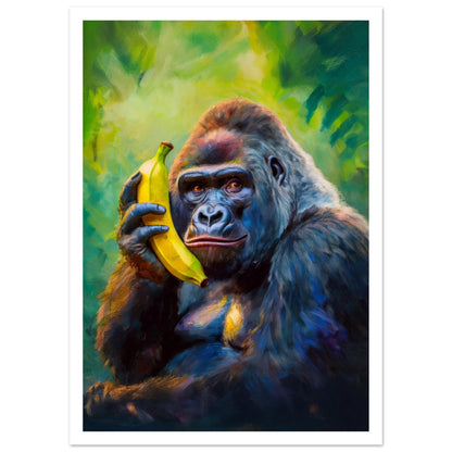 Poster av en färgstark gorilla med en banan som telefon och vit marginal, en humoristisk väggkonst för modern inredning | Arthena