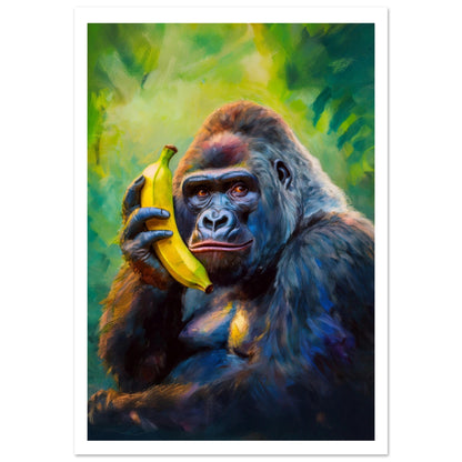 Stor poster med en livfull gorilla som håller en banan som telefon och vit marginal, en unik dekoration för moderna hem | Arthena