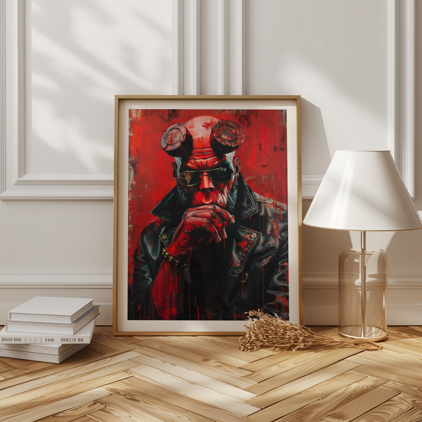 Hellboy poster i modern interiör med vit marginal, ikonisk seriefigurkonst | Arthena