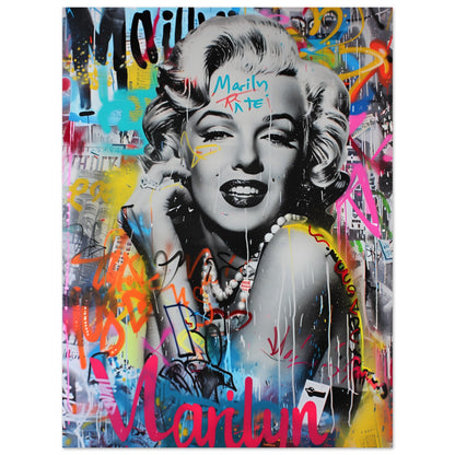 Poster med Marilyn Monroe i svartvitt porträtt överlagt med färgglad graffiti, 30x40 cm | Arthena