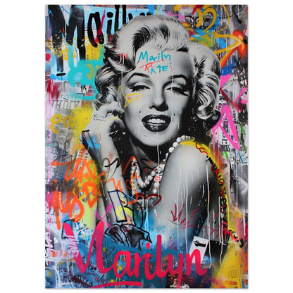 Poster med Marilyn Monroe i svartvitt porträtt överlagt med färgglad graffiti, 50x70 cm | Arthena