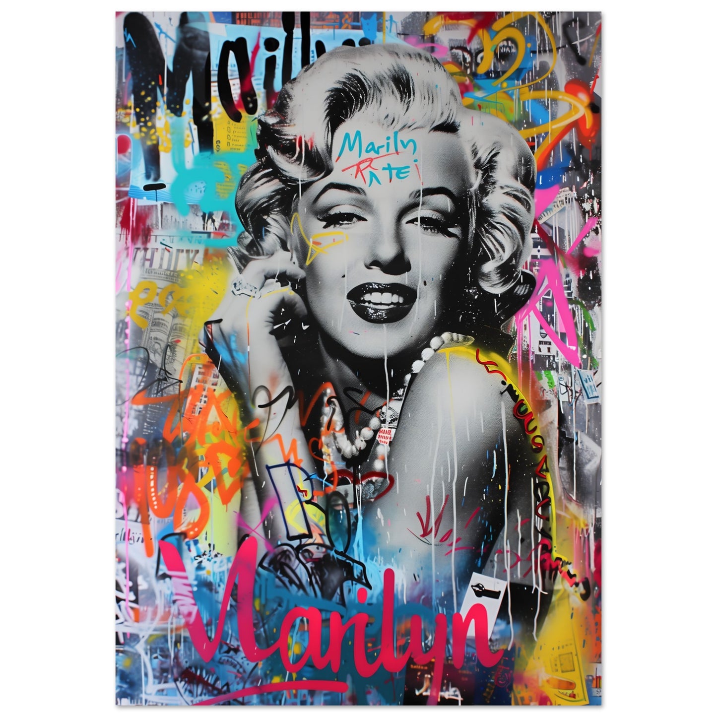 Poster med Marilyn Monroe i svartvitt porträtt överlagt med färgglad graffiti, 70x100 cm | Arthena