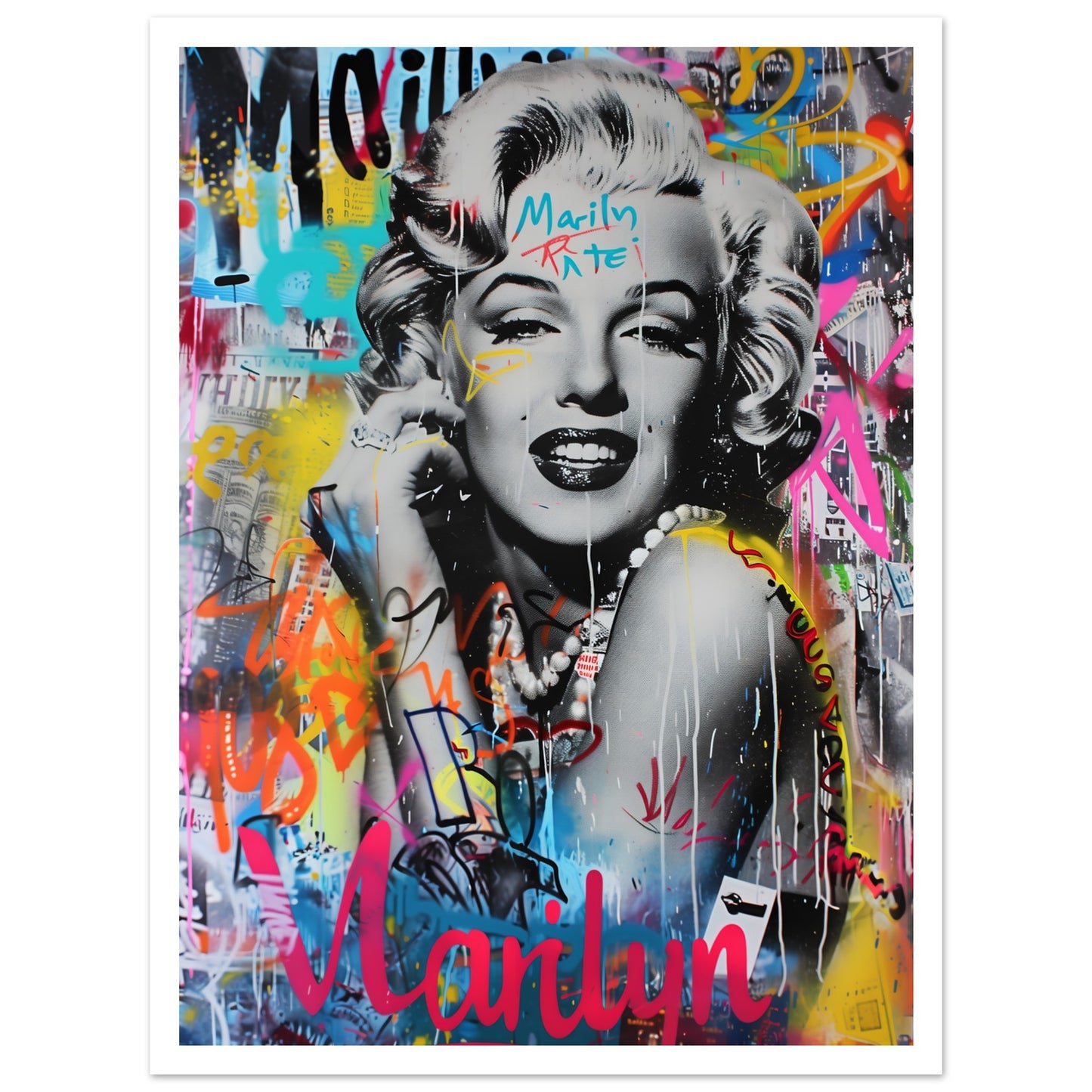 Poster med Marilyn Monroe i svartvitt porträtt med färgglad graffiti och vit marginal, 30x40 cm | Arthena