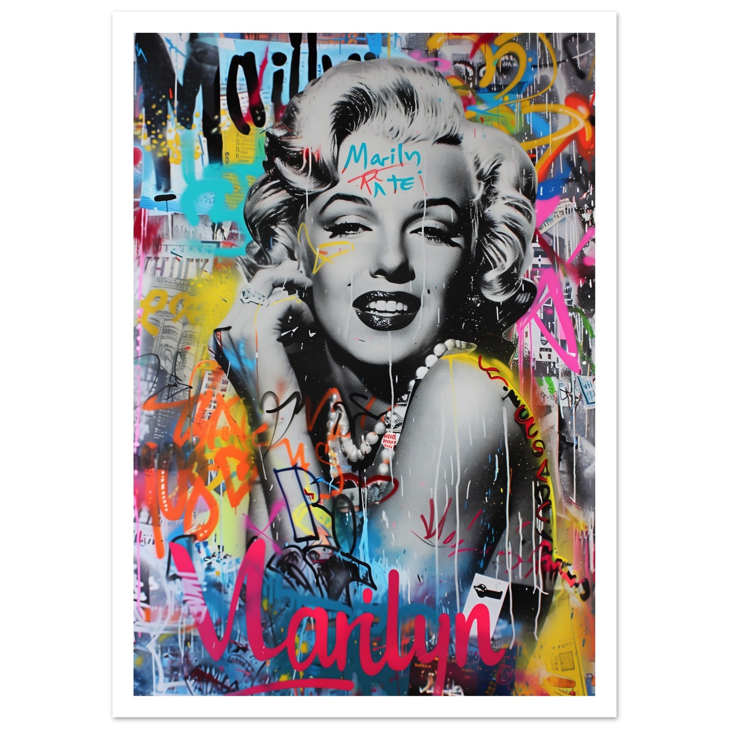 Poster med Marilyn Monroe i svartvitt porträtt med färgglad graffiti och vit marginal, 50x70 cm | Arthena