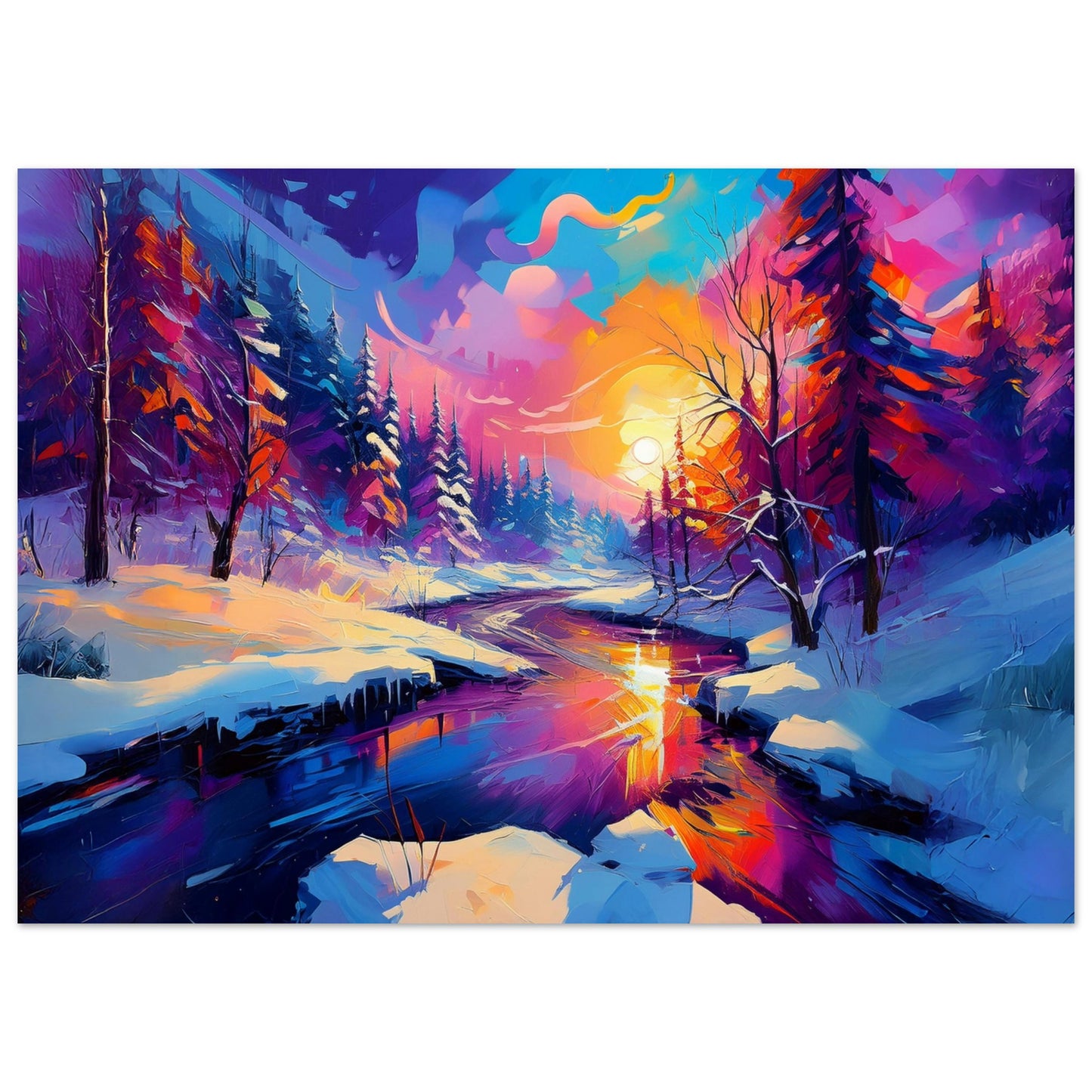 Fridfull vinterlandskapsposter med snötäckt väg genom skog, 50x70 cm | Arthena