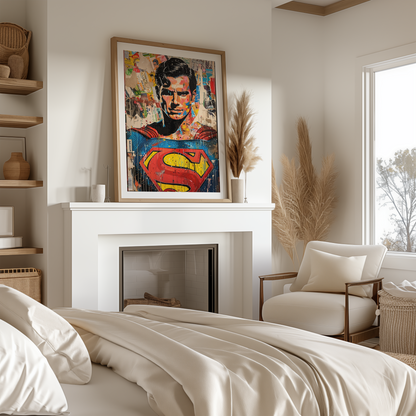 Superman poster i modern interiör med vit marginal, ikonisk superhjälte väggkonst | Arthena