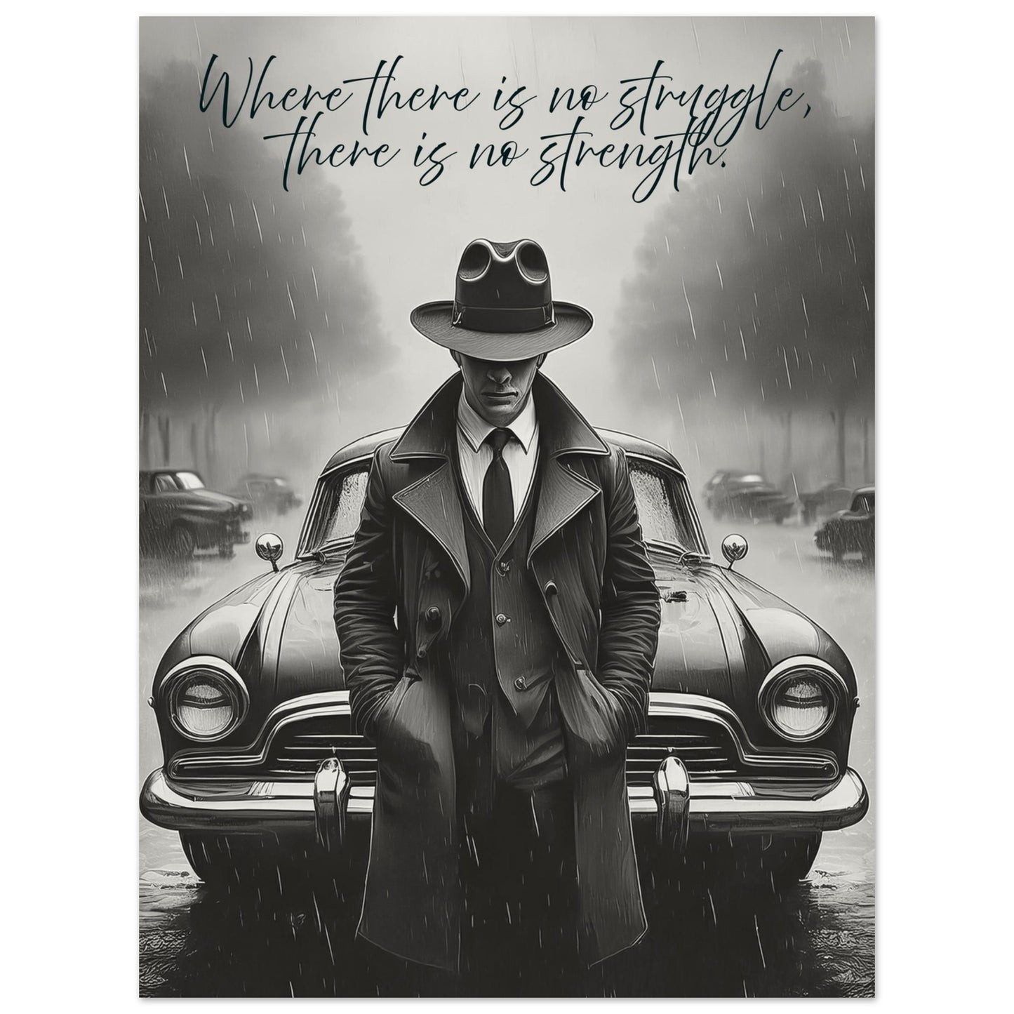 Poster – Noir-inspirerat motiv av man och bil i svart vit design 30x40 cm