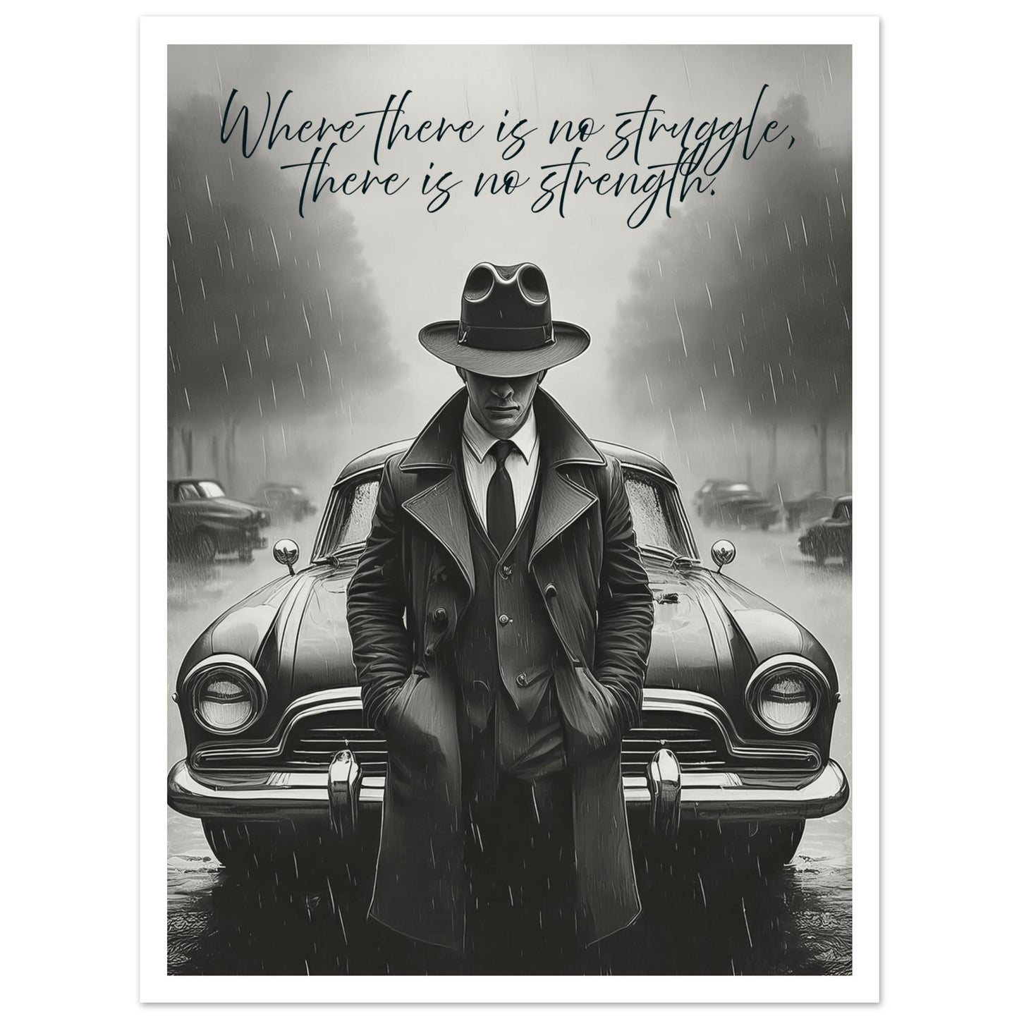 Poster – Noir-inspirerat motiv av man och bil i svart vit design med vit marginal 30x40 cm