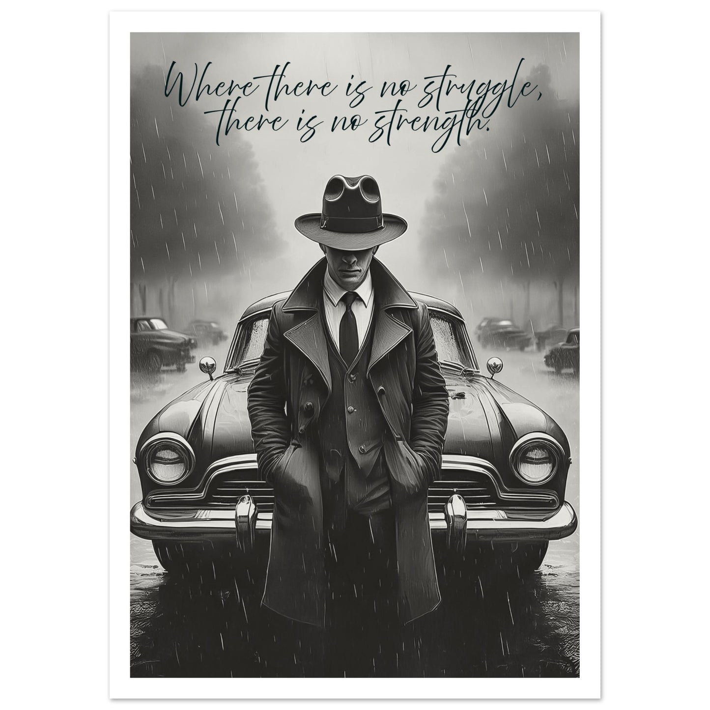 Poster – Noir-inspirerat motiv av man och bil i svart vit design med vit marginal 50x70 cm