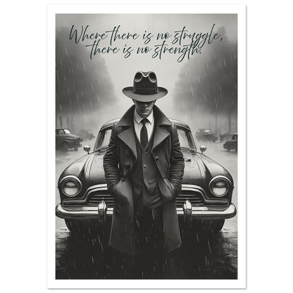 Poster – Noir-inspirerat motiv av man och bil i svart vit design med vit marginal 70x100 cm