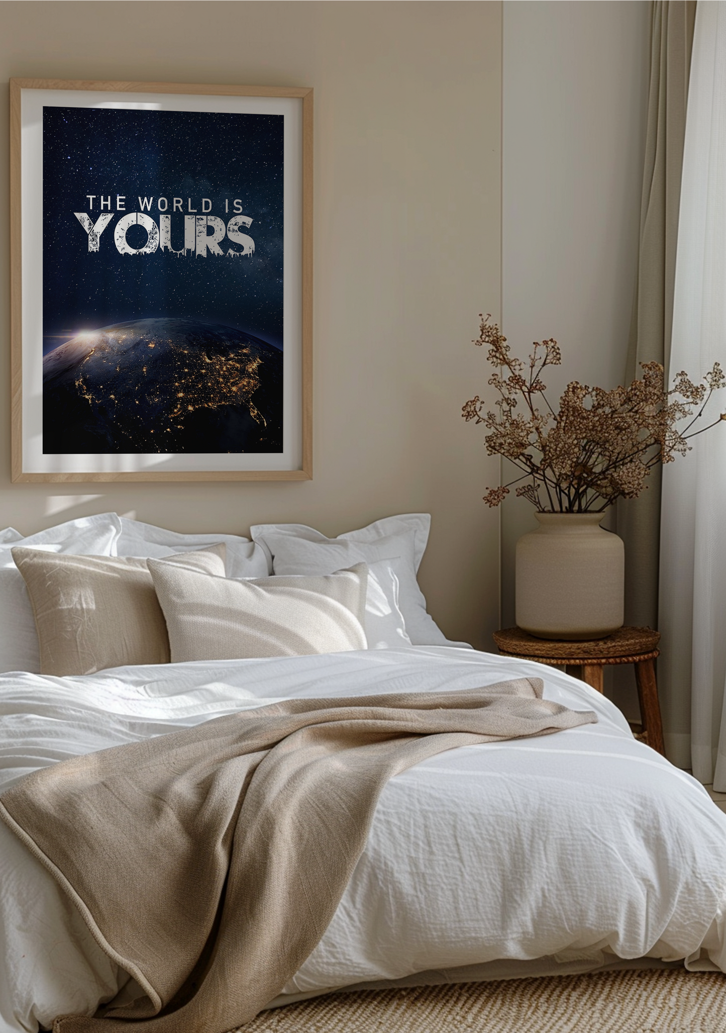 Poster – Motiverande citat "The World Is Yours" med jordens vy med vit marginal som inredningsdetalj
