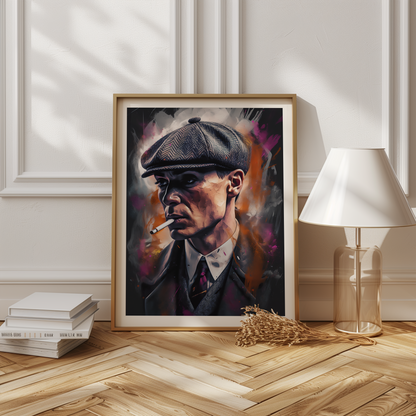 Poster – Dramatisk filmdesign med karaktären Tommy Shelby med vit marginal som inredningsdetalj