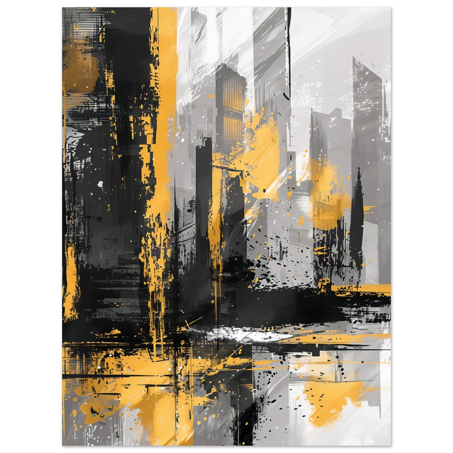 Poster – Abstrakt konst med motiv av en stadsbild i svart, grått och gult 30x40 cm