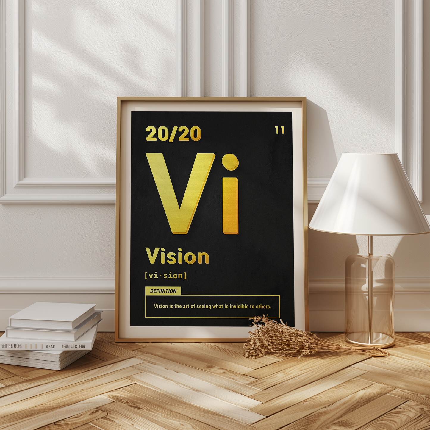 Poster – Citattavla med text i guld och svart, med definitionen av "Vision" som inredningsdetalj