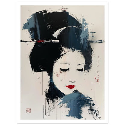 Poster – Abstrakt motiv av en geisha i japansk design med vit marginal 50x70 cm