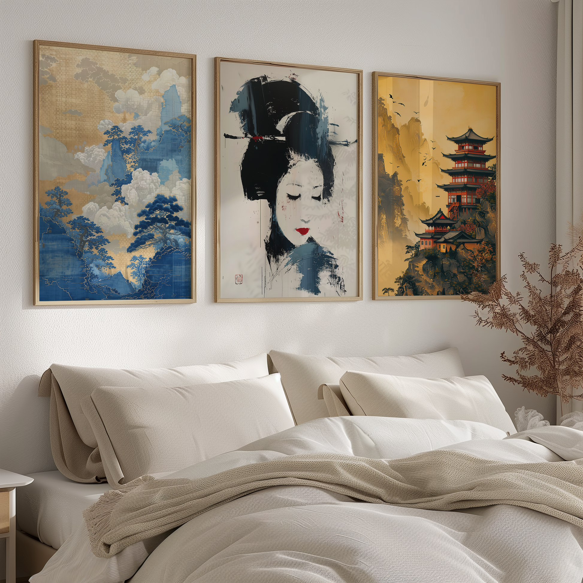 Poster – Abstrakt motiv av en geisha i japansk design som inredningsdetalj tillsammans med två andra japanska motiv