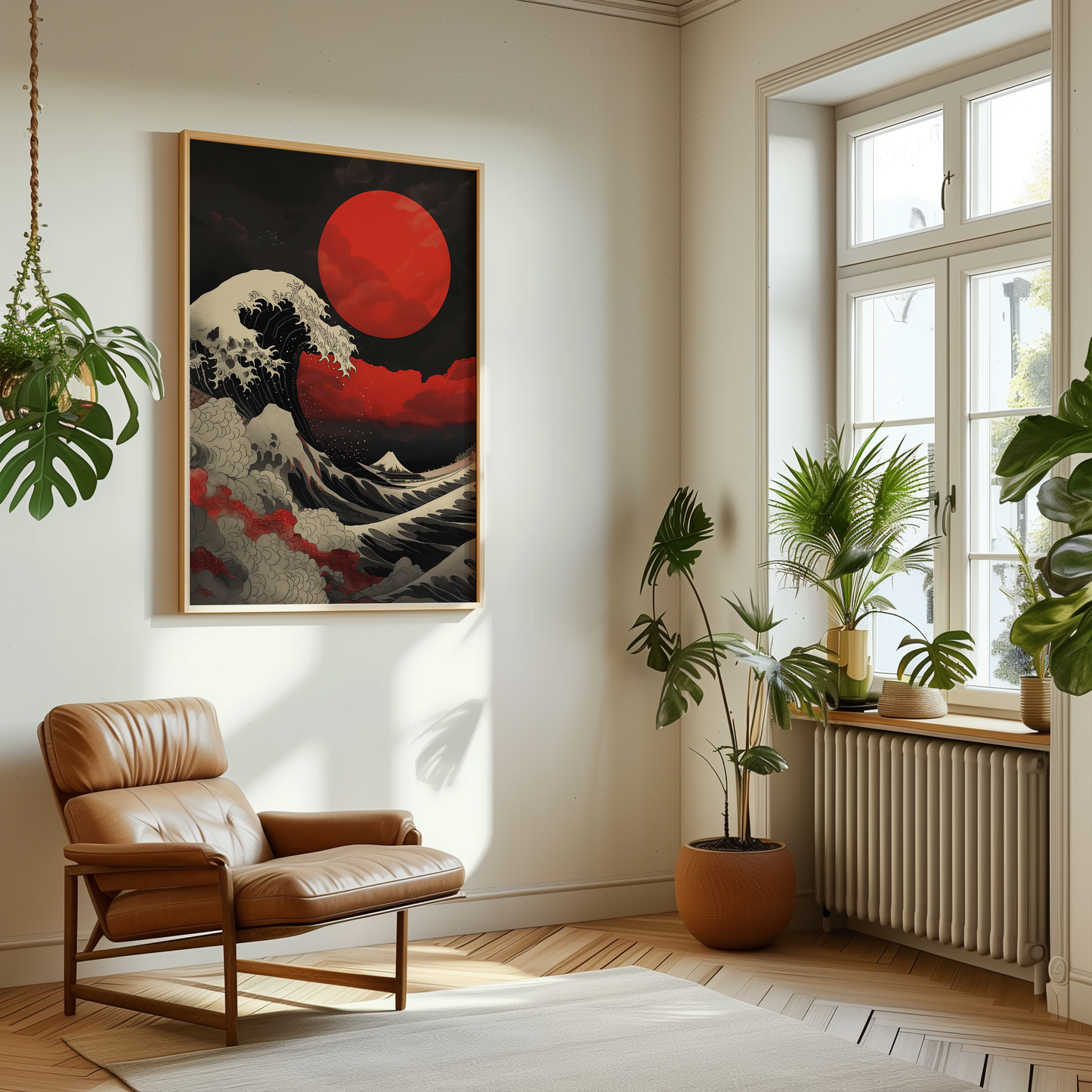 Red Sun Over Turbulent Seas poster i modern miljö - japansk väggkonst | Arthena