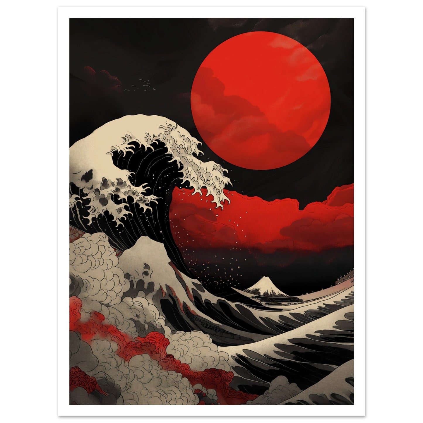 Red Sun Over Turbulent Seas poster med vit kant - japansk design 30x40cm | Arthena