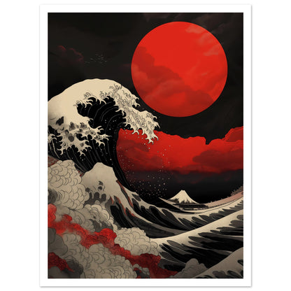 Red Sun Over Turbulent Seas poster med vit kant - japansk design 30x40cm | Arthena