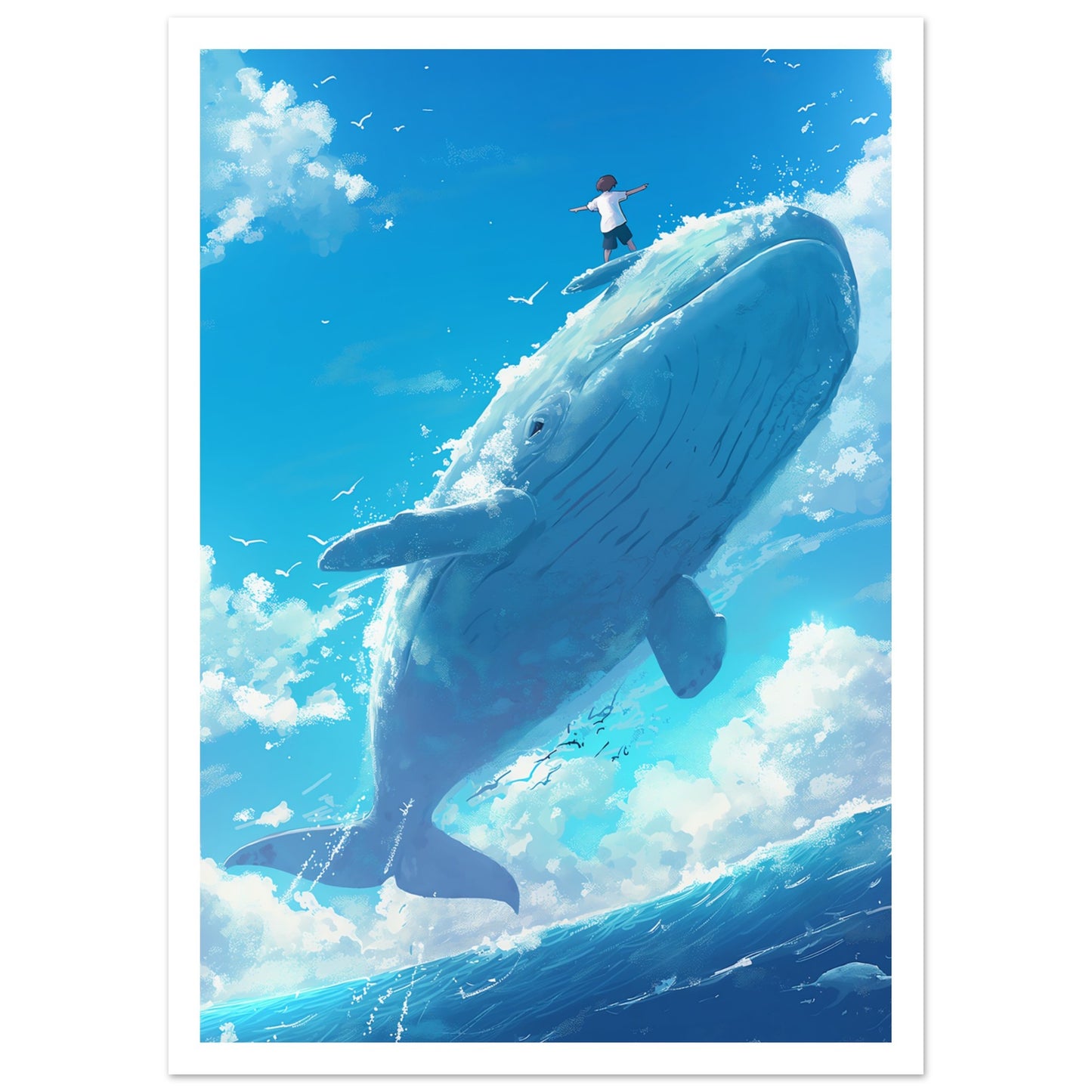 Surfing Whale Poster med marginal - barnrumsposter 50x70cm | Arthena